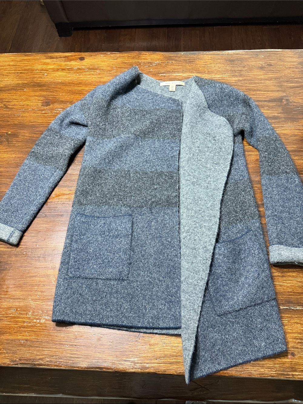 Women’s Open-Front Wool-Blend Coatigan with Blue and Black Subtle Stripes